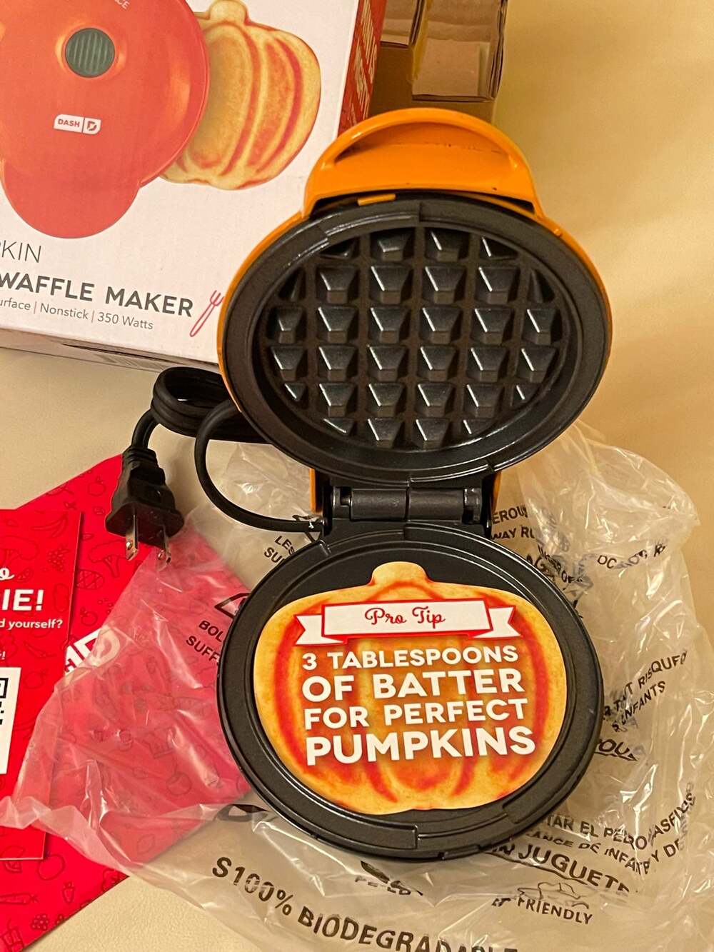 Mini Waffle Maker Pumpkin Waffle Halloween Non-Stick, 4 Inch w/ Recipe Guide